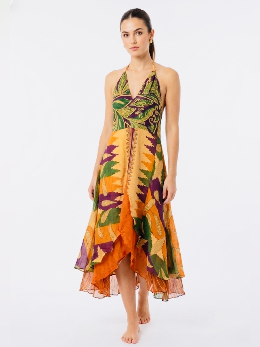 Raj 100% Silk Boho Halter Dress Size S Multi-Color Patchwork India